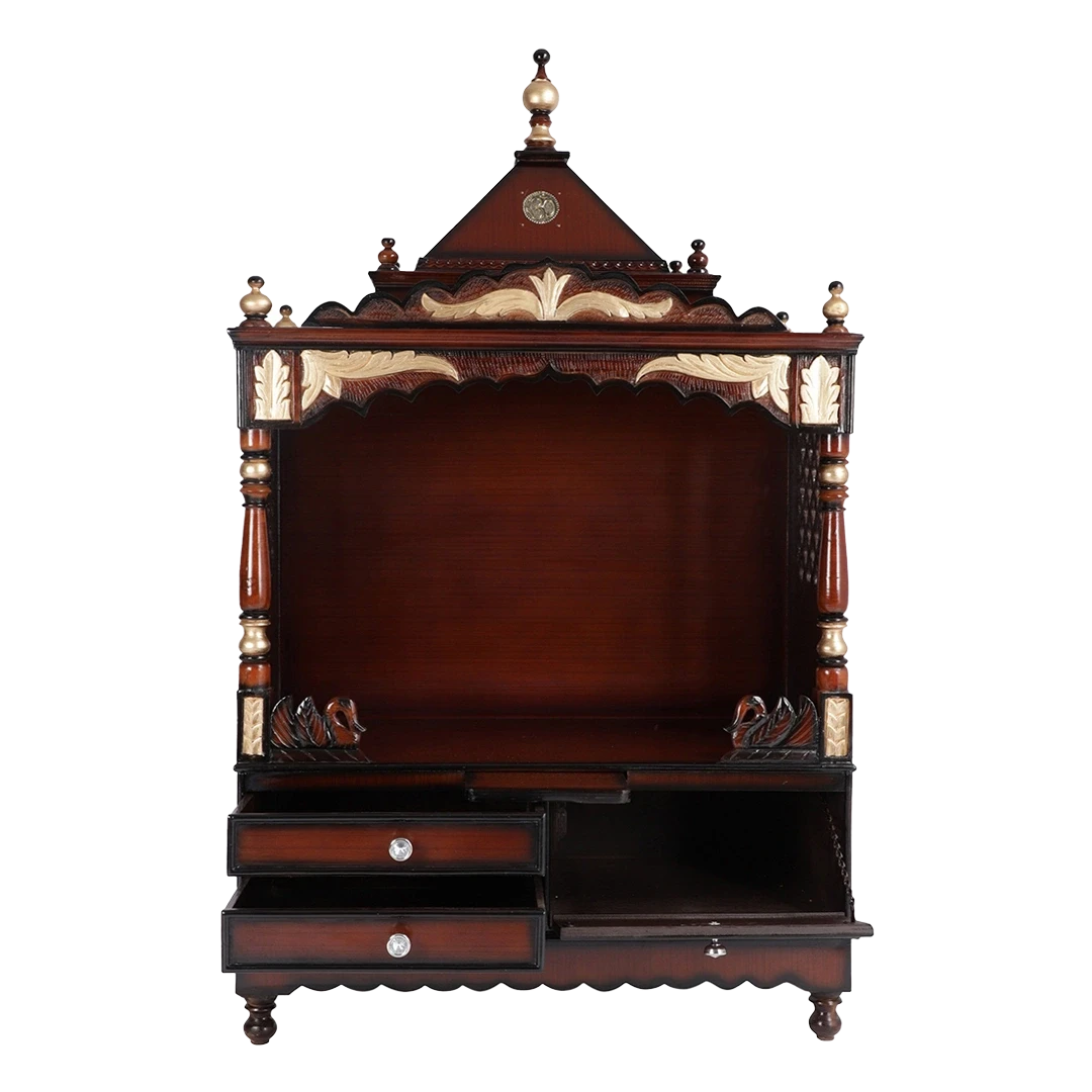 Sacred Home Large Floor Rested Pooja Mandir/Wooden temple for home in Brown Gold color front view open drawers