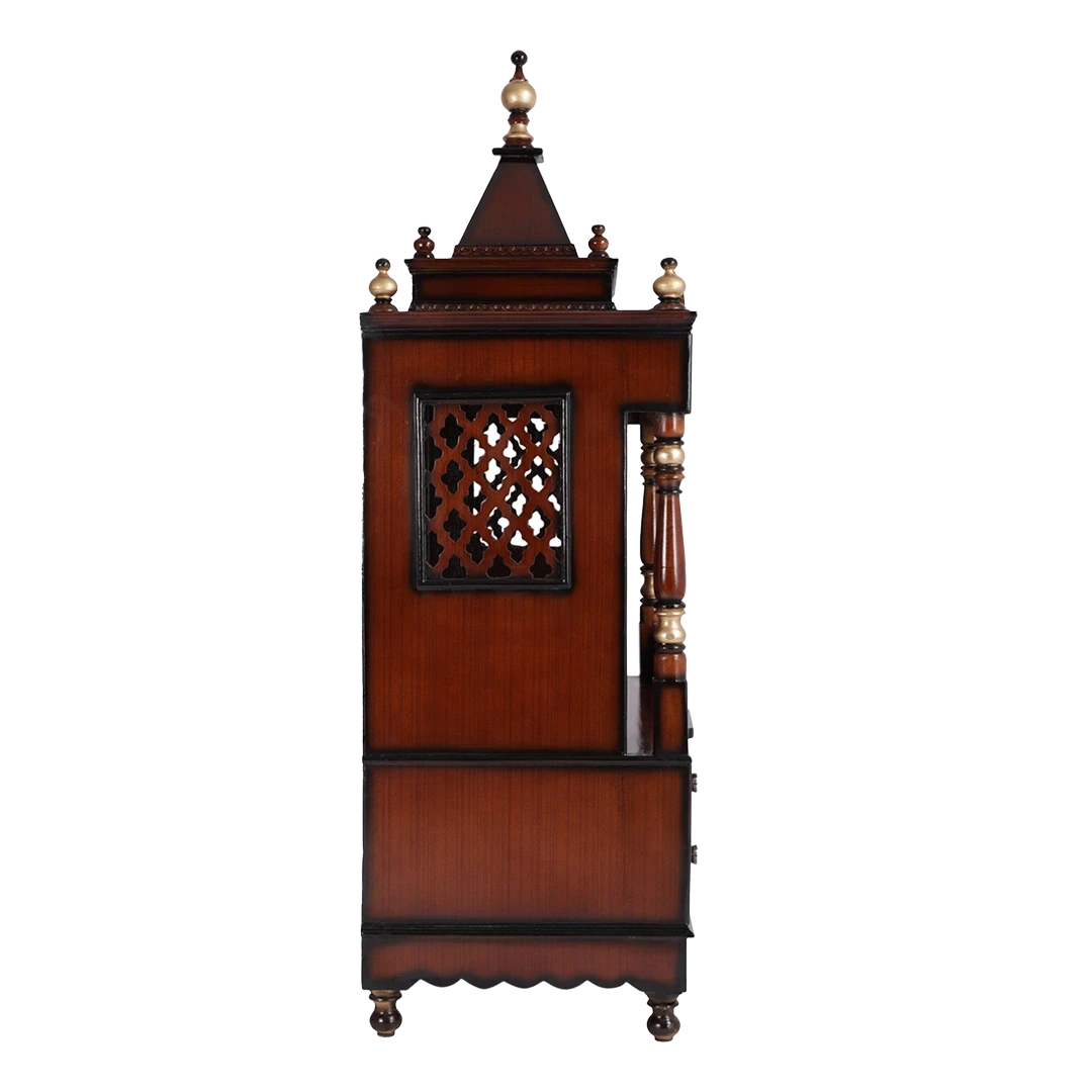 Sacred Home Large Floor Rested Pooja Mandir/Wooden temple for home in Brown Gold color side view featuring jali design and Pillars