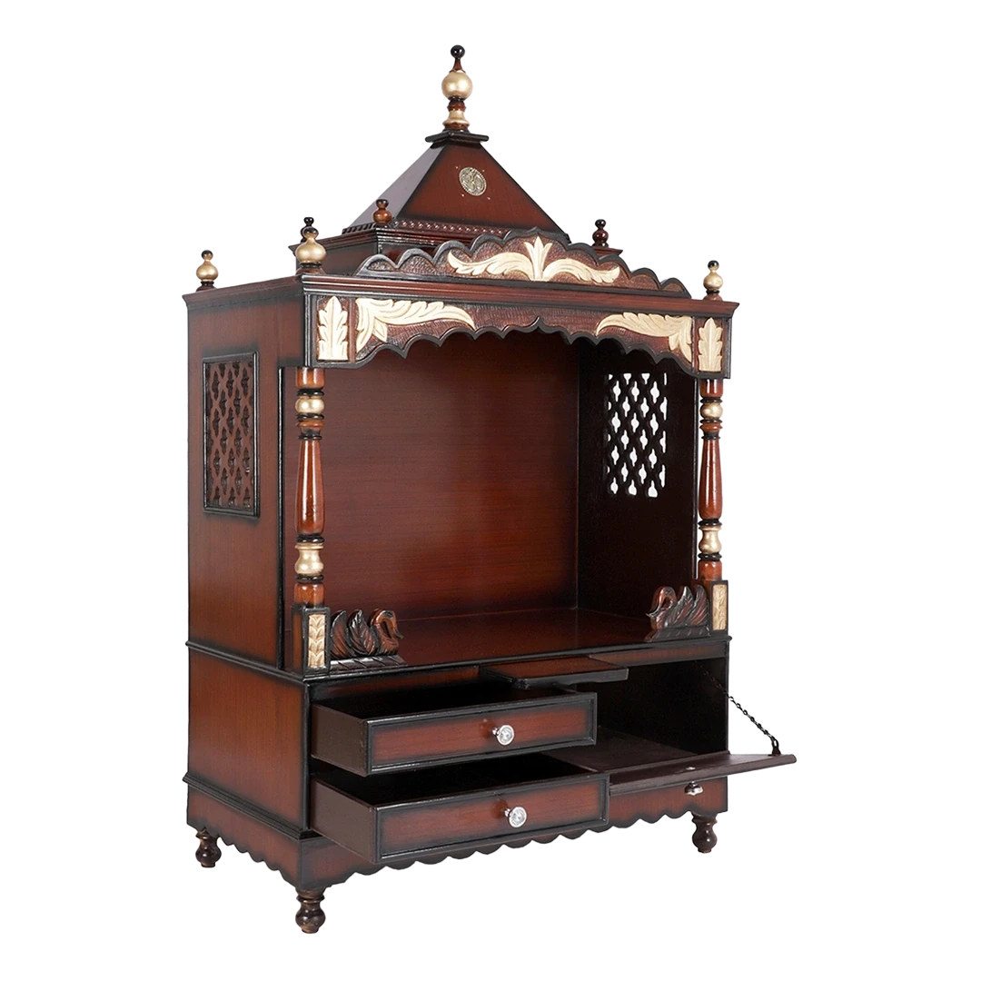 Sacred Home Large Floor Rested Pooja Mandir/Wooden temple for home in Brown Gold color 45° side view open drawers
