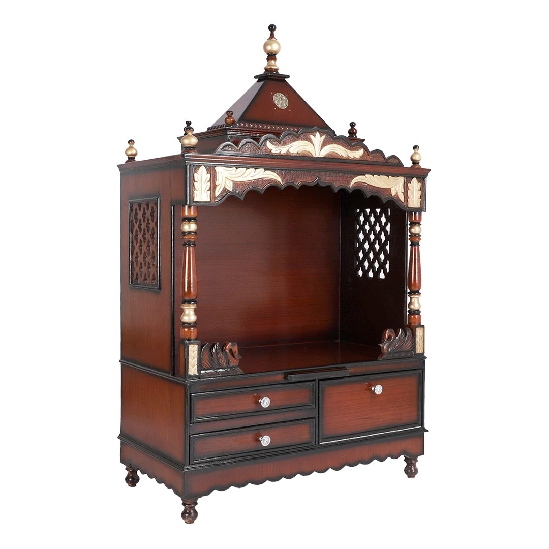 Sacred Home Large Floor Rested Pooja Mandir/Wooden temple for home in Brown Gold color 45° side view