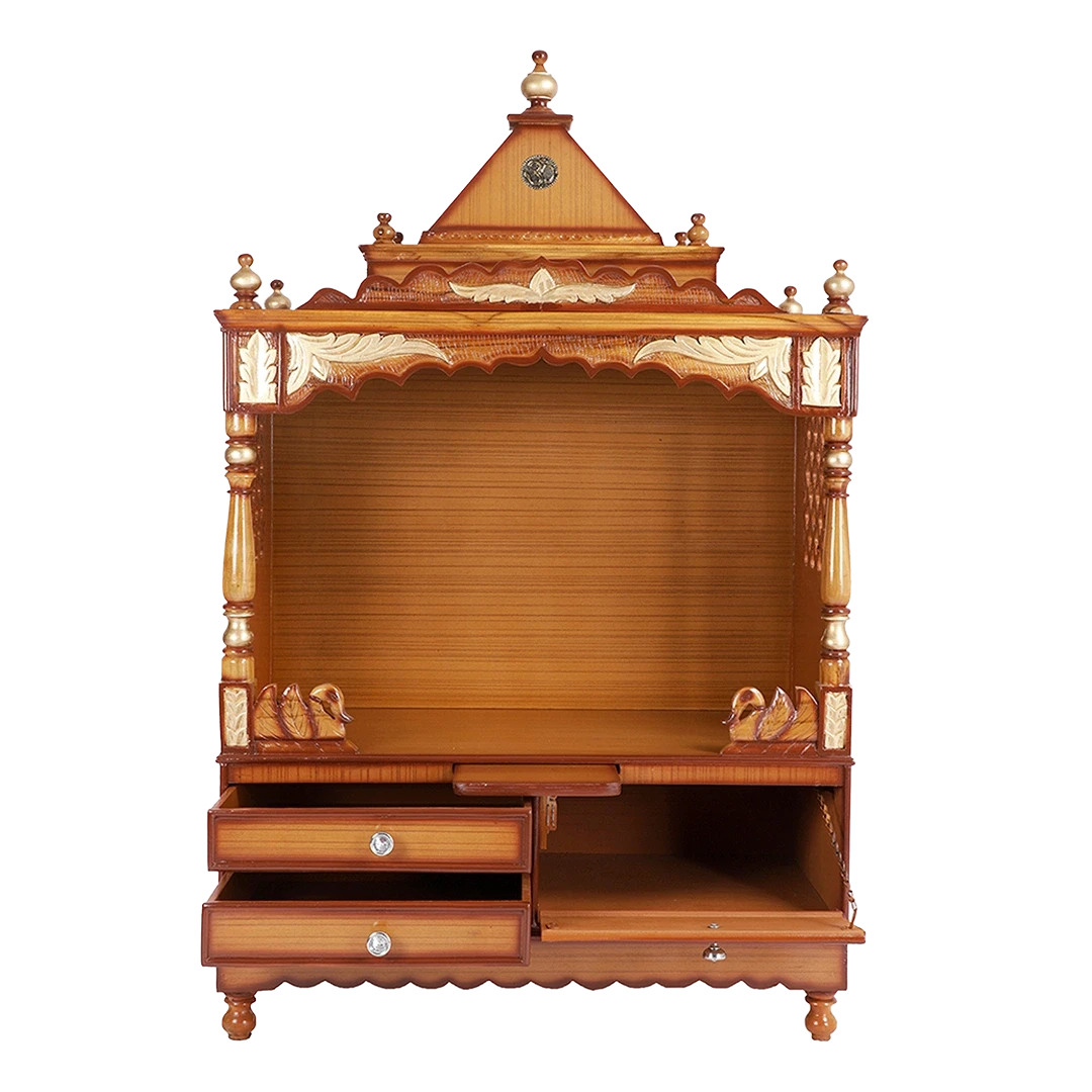 Sacred Home Large Floor Rested Pooja Mandir/Wooden temple for home in Teak Gold color front view open drawers