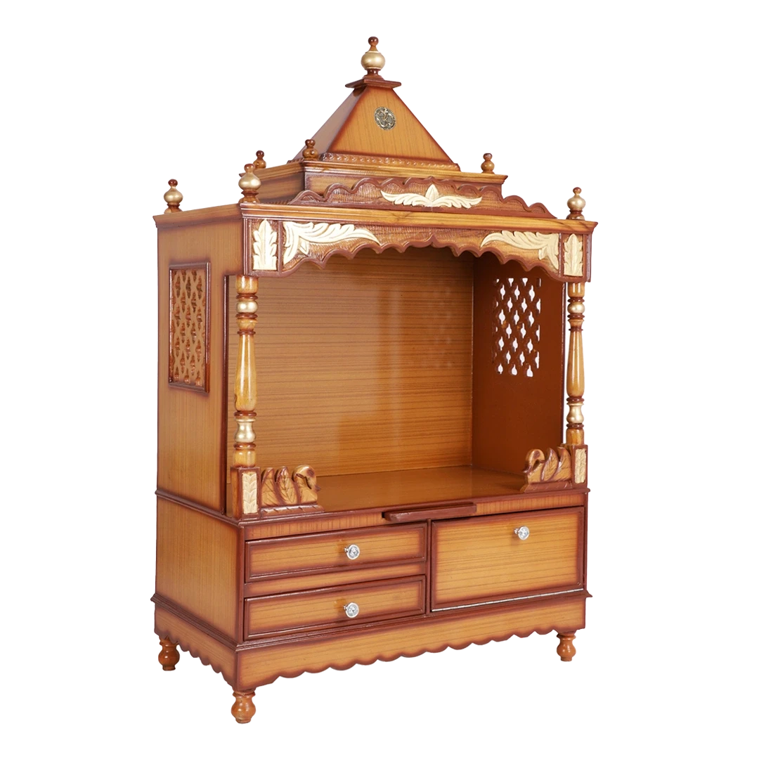 Sacred Home Large Floor Rested Pooja Mandir/Wooden temple for home in Teak Gold color 45° side view