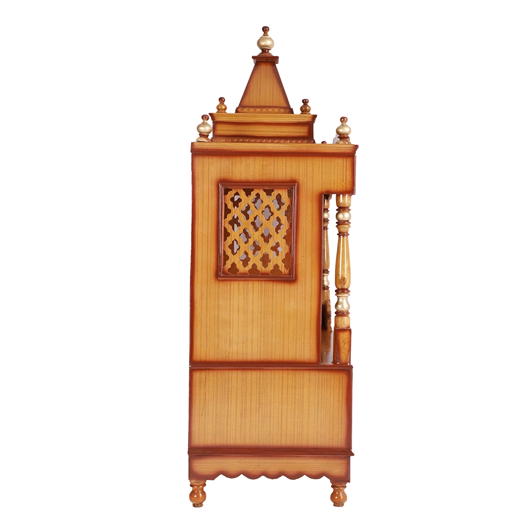Sacred Home Large Floor Rested Pooja Mandir/Wooden temple for home in Teak Gold color side view featuring jali design and Pillars