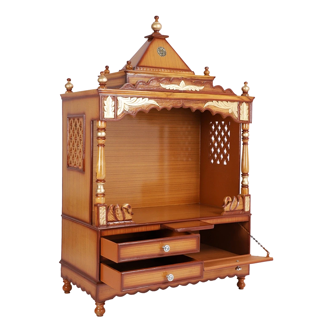 Sacred Home Large Floor Rested Pooja Mandir/Wooden temple for home in Teak Gold color 45° side view open drawers