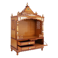 Sacred Home Large Floor Rested Pooja Mandir/Wooden temple for home in Teak Gold color 45° side view open drawers