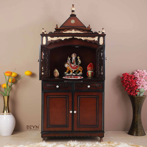 Sacred Palace Large Floor Rested Pooja Mandap with Door in brown gold finish