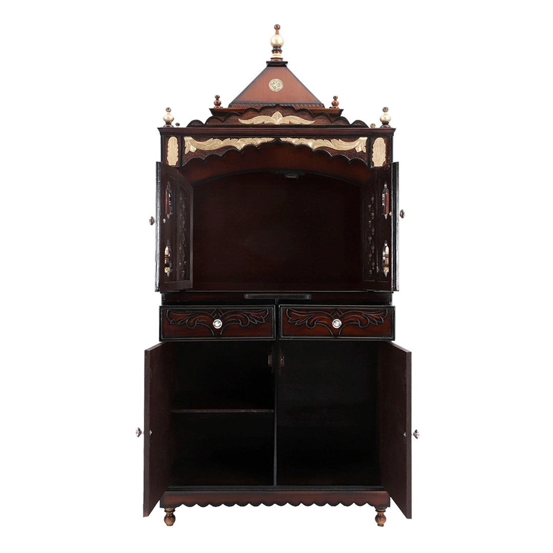 Sacred Palace Large Floor Rested Cupboard Pooja Mandir/Wooden temple with doors for home in Brown Gold color front view open drawers