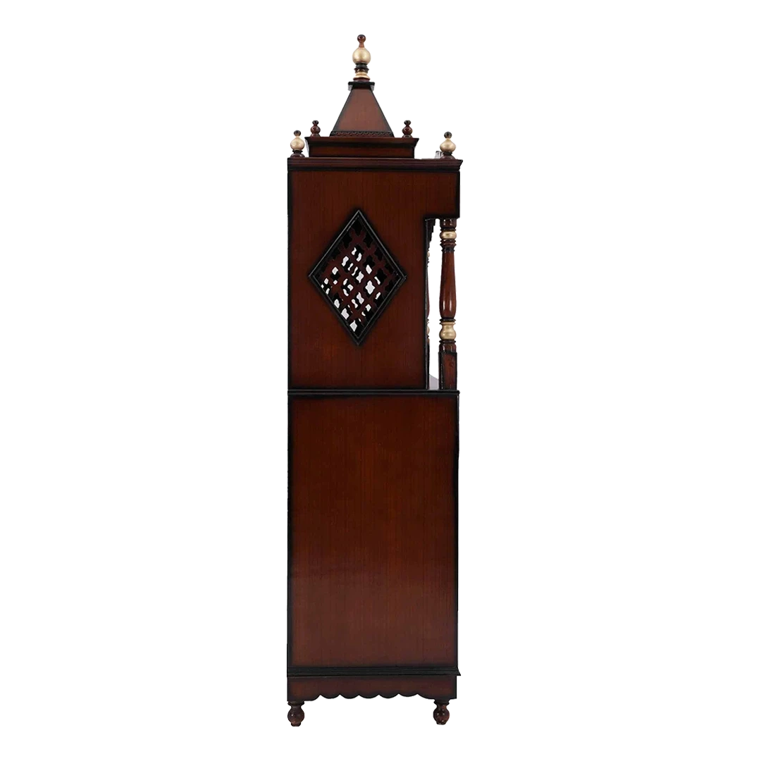 Sacred Palace Large Floor Rested Cupboard Pooja Mandir/Wooden temple with doors for home in Brown Gold color side view featuring jali design and Pillars