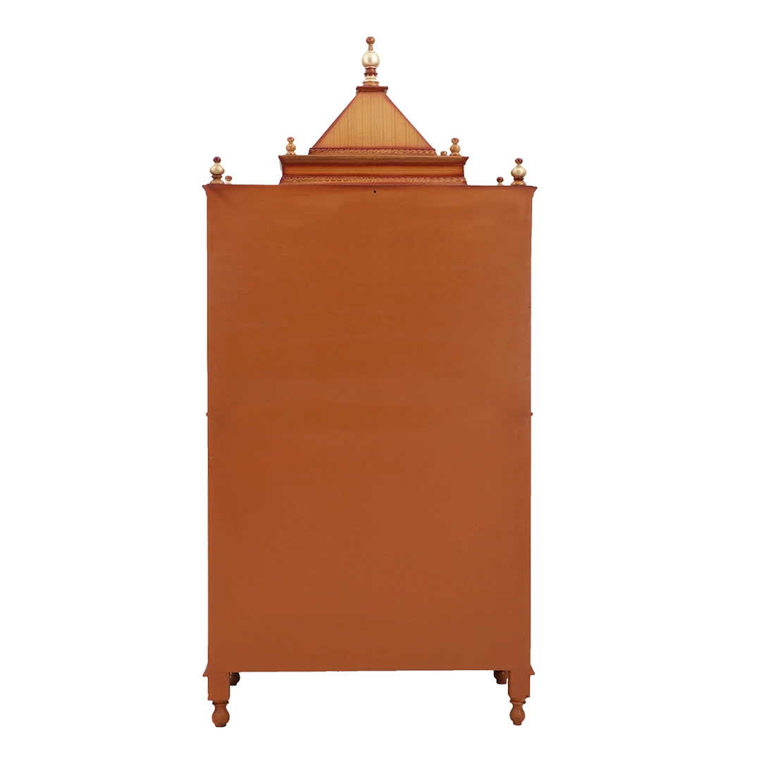 Sacred Palace Large Floor Rested Pooja Mandap/Wooden temple with doors for home in Teak Gold color back view