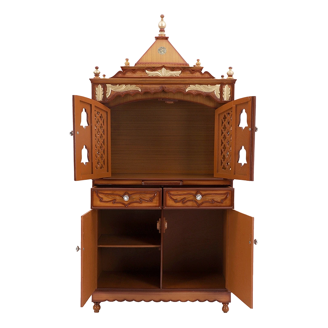 Sacred Palace Large Floor Rested Pooja Mandap/Wooden temple with doors for home in Teak Gold color front view open drawers