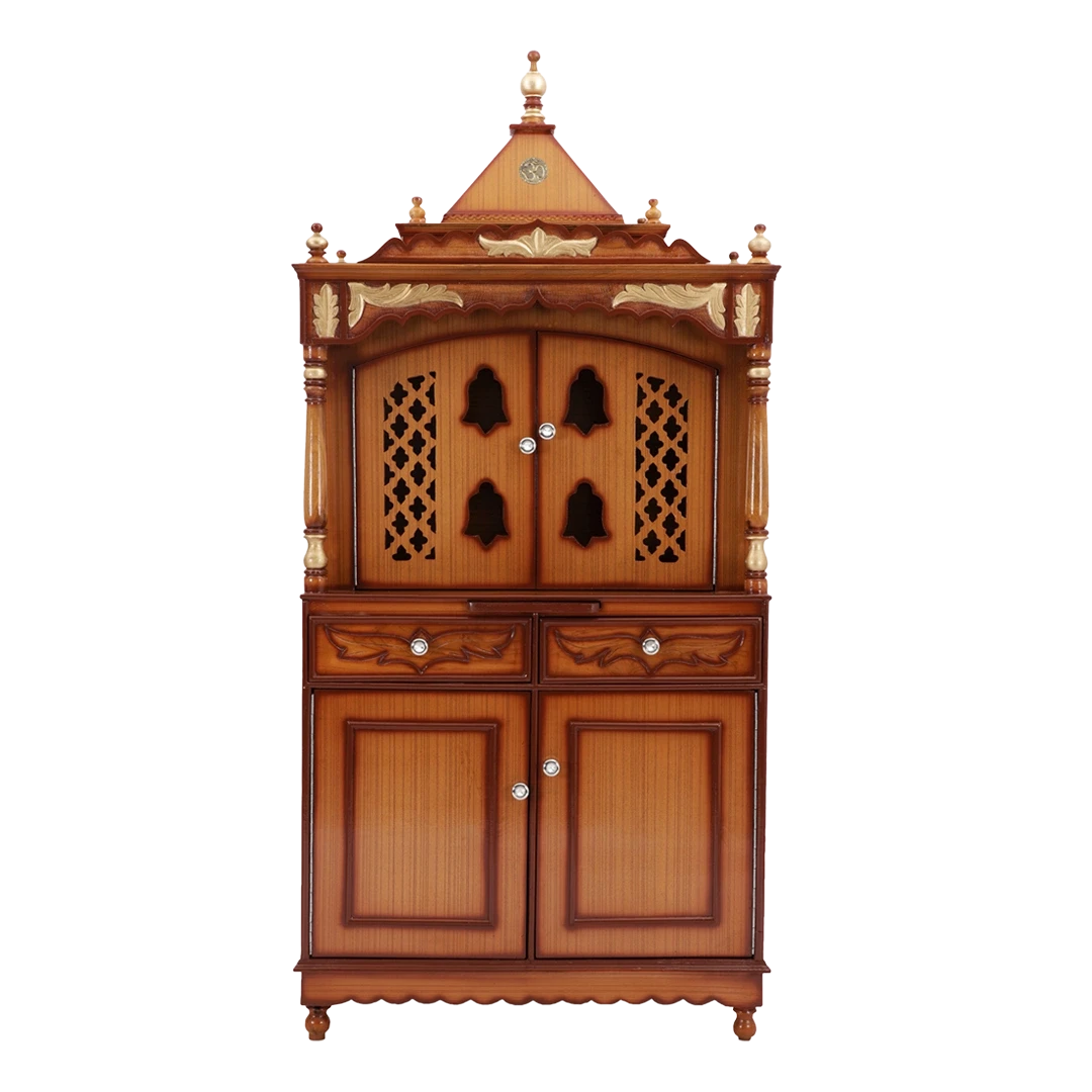 Sacred Palace Large Floor Rested Pooja Mandap/Wooden temple with doors for home in Teak Gold color front view