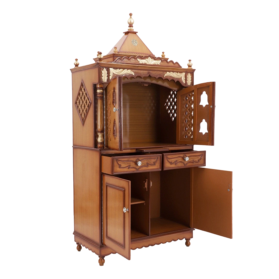 Sacred Palace Large Floor Rested Pooja Mandap/Wooden temple with doors for home in Teak Gold color 45° side view open drawers