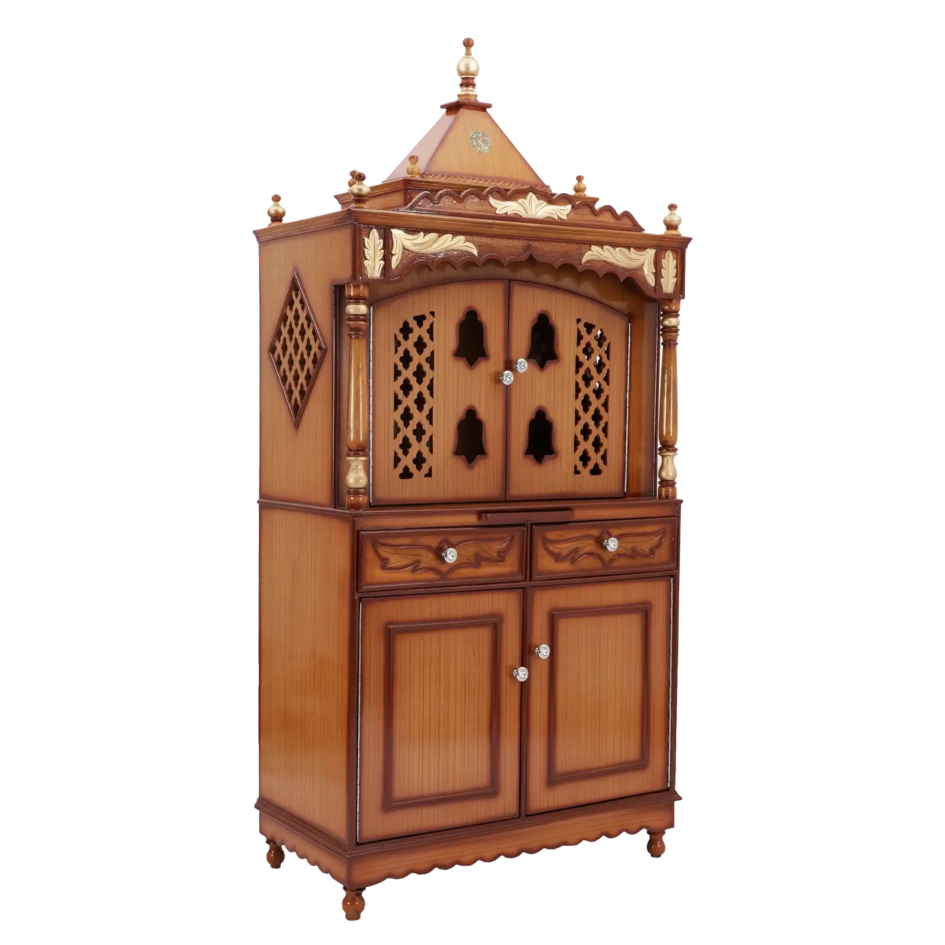 Sacred Palace Large Floor Rested Pooja Mandap/Wooden temple with doors for home in Teak Gold color 45° side view