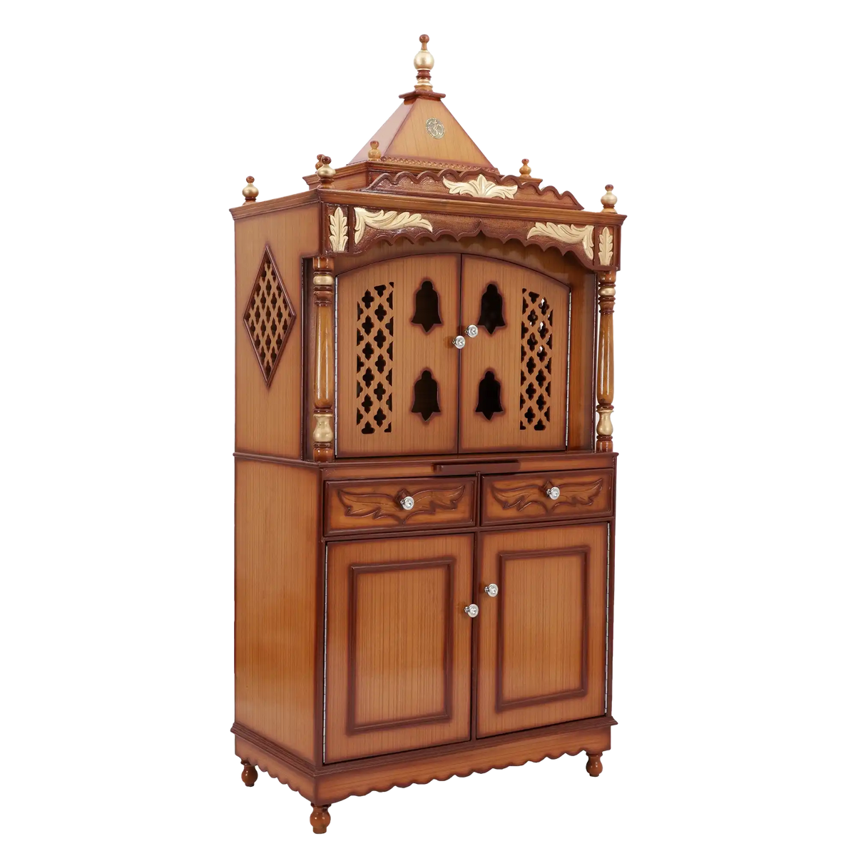 Sacred Palace Large Floor Rested Pooja Mandap/Wooden temple with doors for home in Teak Gold color 45° side view