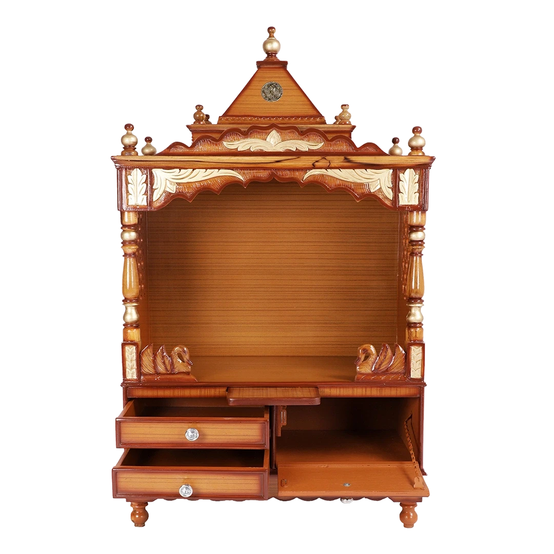Sacred Space Large Floor Rested Pooja Mandir/Wooden temple for home in Teak Gold color front view open drawers