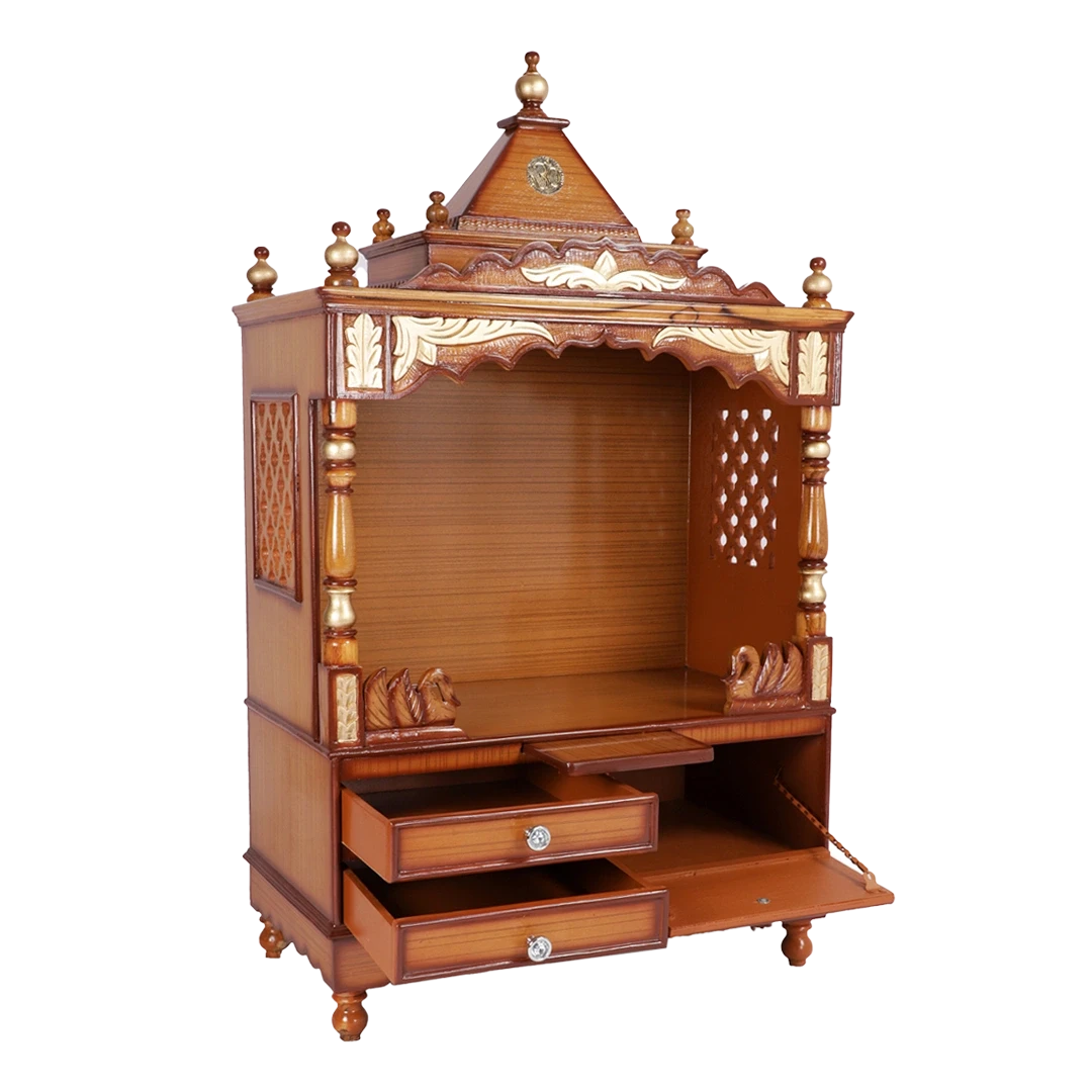 Sacred Space Large Floor Rested Pooja Mandir/Wooden temple for home in Teak Gold color 45° side view open drawers