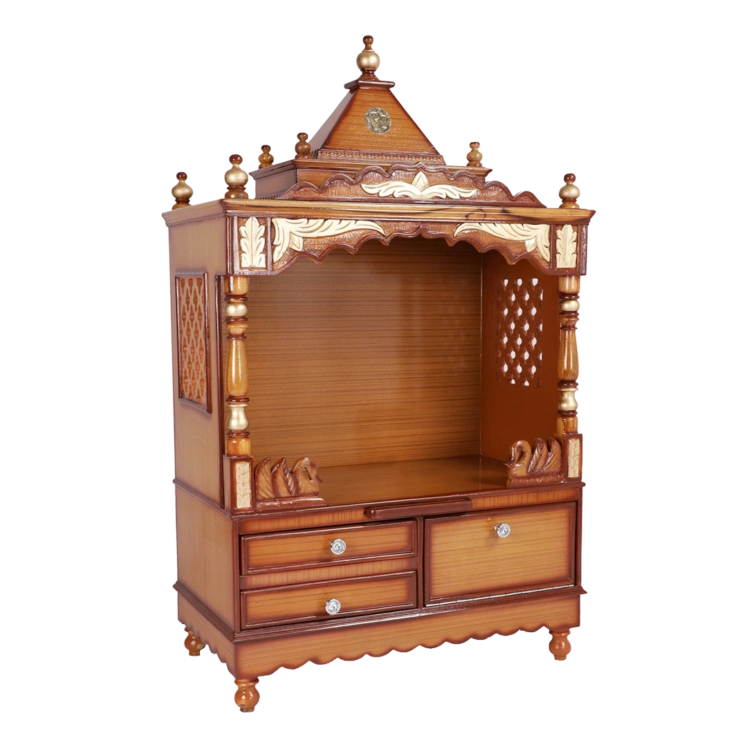 Sacred Space Large Floor Rested Pooja Mandir/Wooden temple for home in Teak Gold color 45° side view