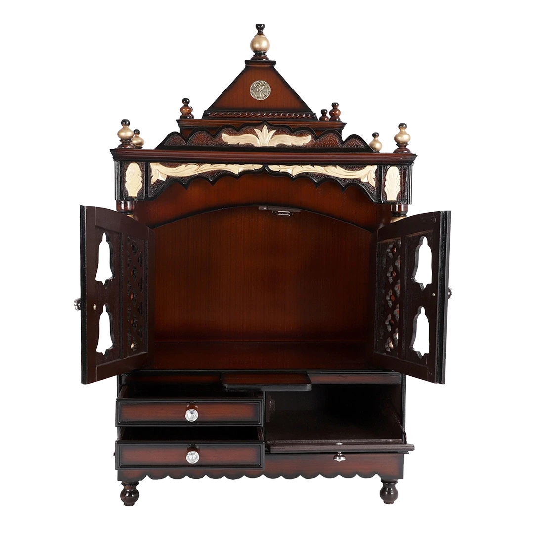 Sacred Space Large Floor Rested Pooja Mandir/Wooden temple with doors for home in Brown Gold color front view open drawers