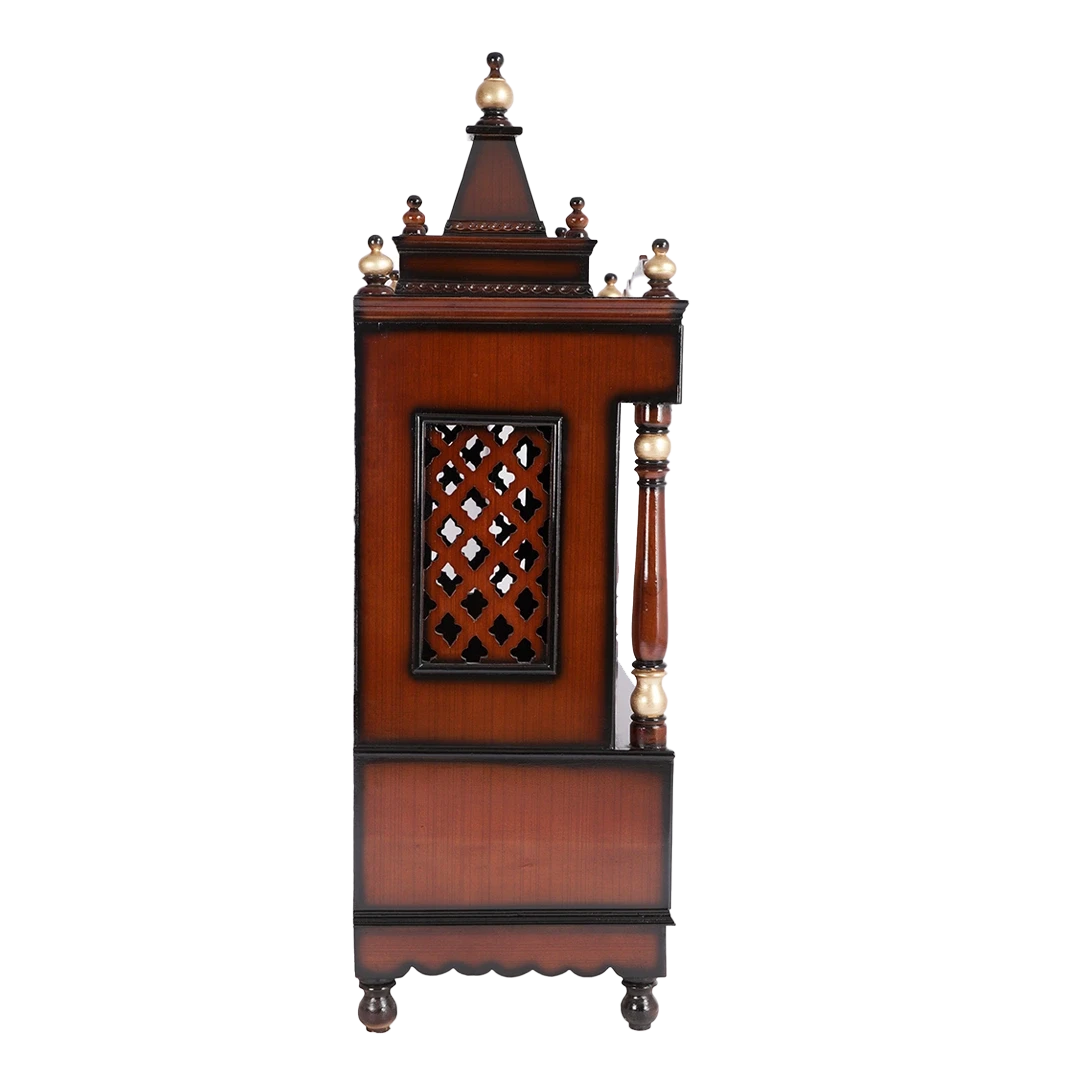 Sacred Space Large Floor Rested Pooja Mandir/Wooden temple with doors for home in Brown Gold color side view featuring jali design and Pillars