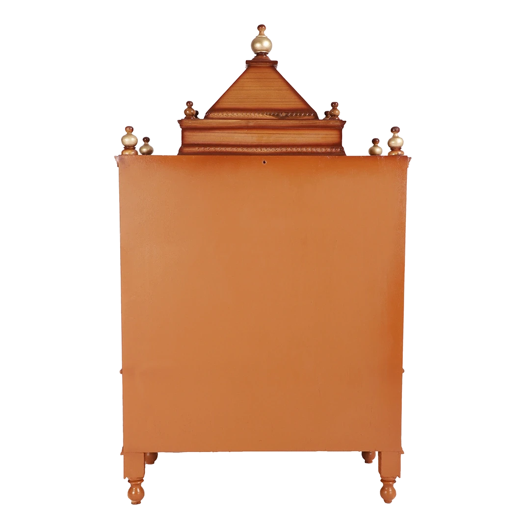 Sacred Space Large Floor Rested Pooja Mandir/Wooden temple for home with doors in Teak Gold color back view