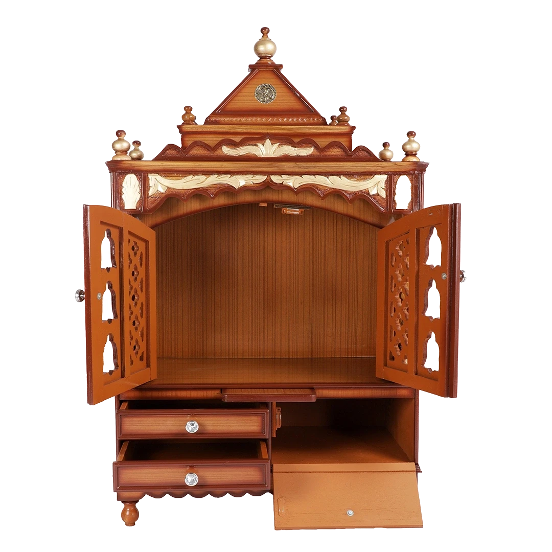 Sacred Space Large Floor Rested Pooja Mandir/Wooden temple for home in with doors Teak Gold color Front view open drawers
