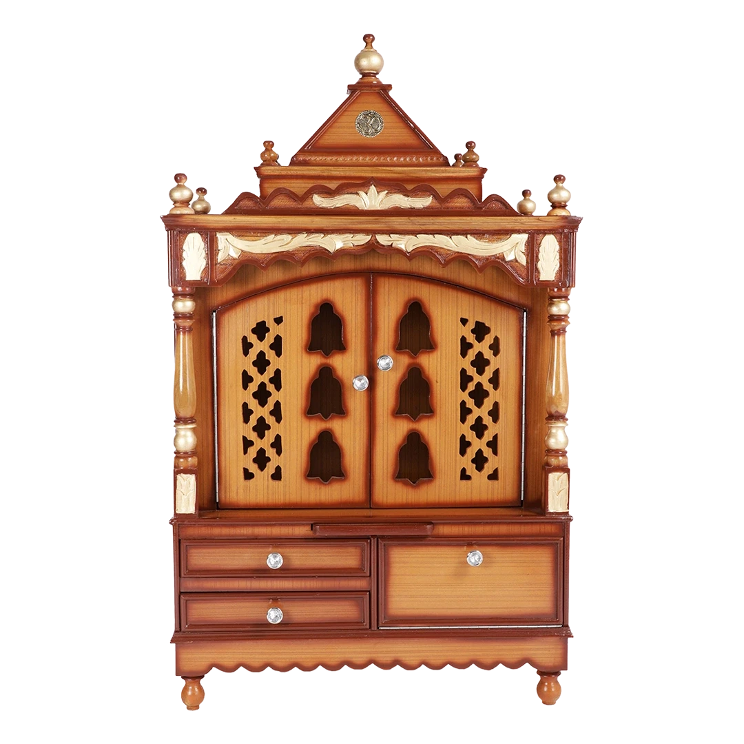 Sacred Space Large Floor Rested Pooja Mandir/Wooden temple for home with doors in Teak Gold color