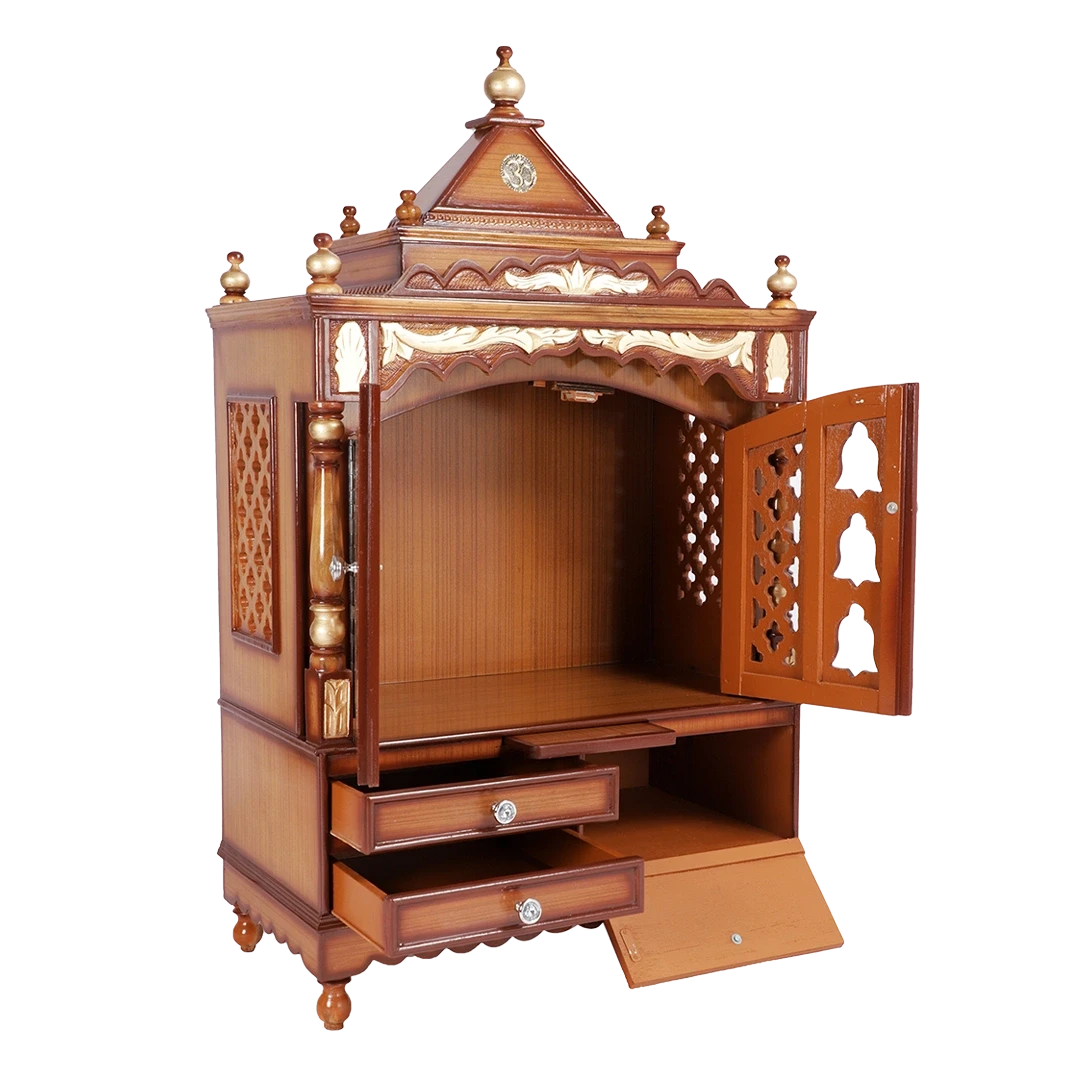 Sacred Space Large Floor Rested Pooja Mandir/Wooden temple for home with doors in Teak Gold color 45° side view open drawers