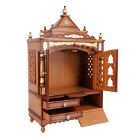 Sacred Space Large Floor Rested Pooja Mandir/Wooden temple for home with doors in Teak Gold color 45° side view open drawers