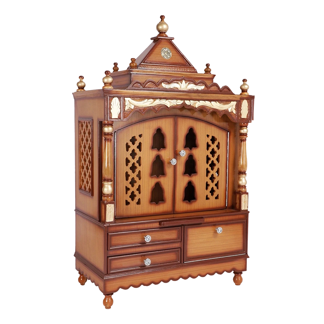 Sacred Space Large Floor Rested Pooja Mandir/Wooden temple for home with doors in Teak Gold color 45° side view