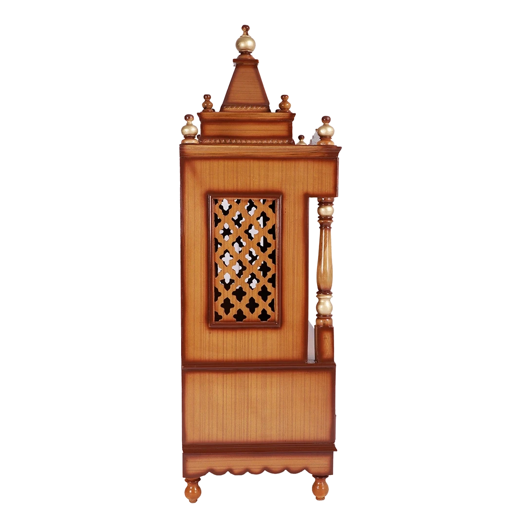 Sacred Space Large Floor Rested Pooja Mandir/Wooden temple for home with doors in Teak Gold color side view featuring jali design and Pillars