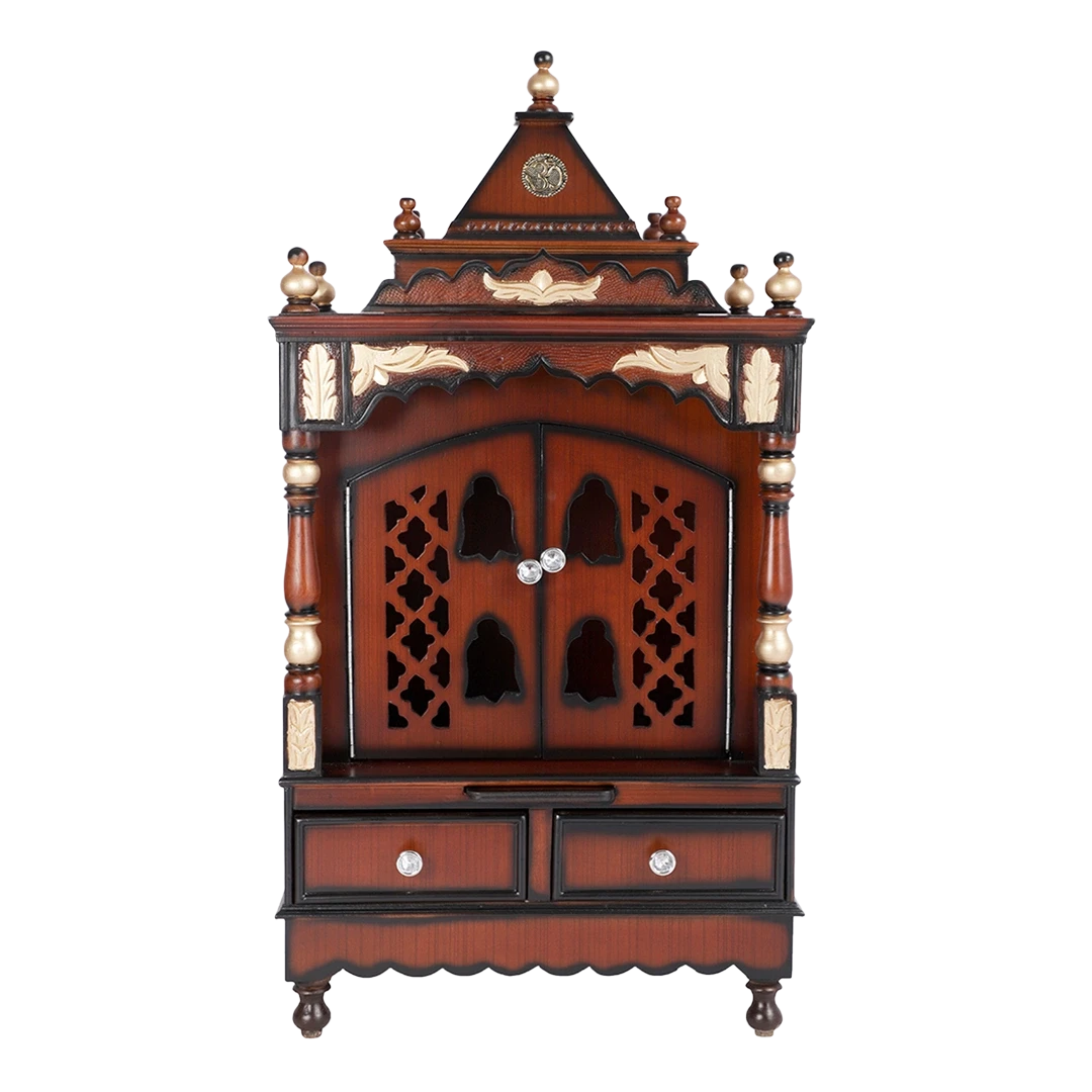 Sacred Space Medium Floor Rested Pooja Mandir/Wooden temple with doors for home in Brown Gold color front view