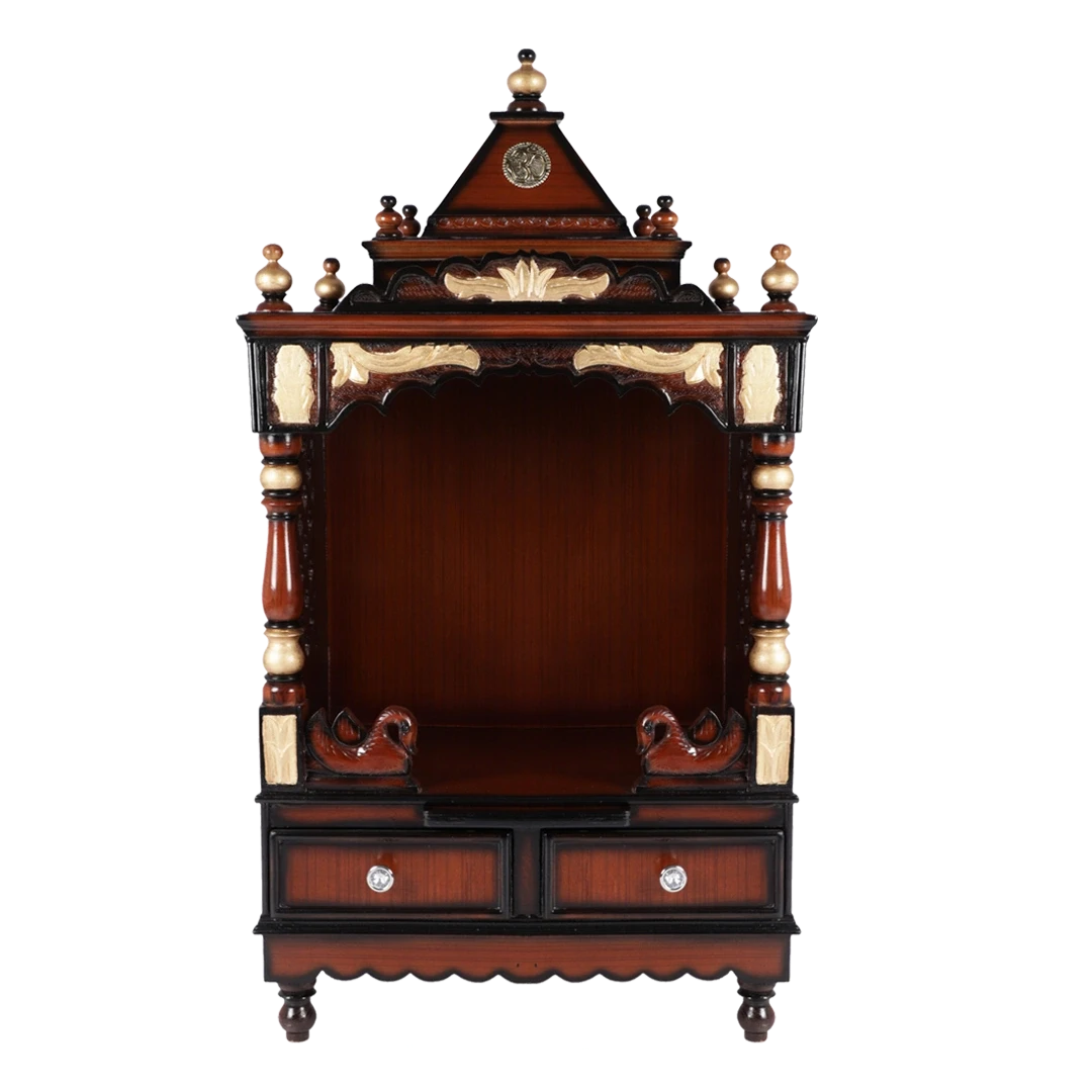 Sacred Space Medium Floor Rested Pooja Mandir/Wooden temple for home in Brown Gold color front view