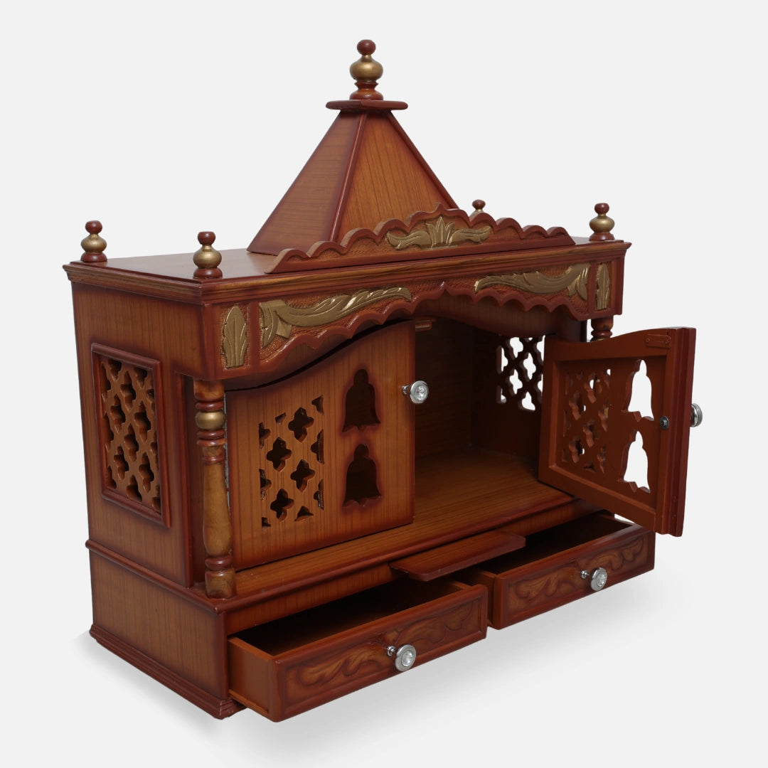 Sharan Teak Wood Mandir (Teak Gold) open door side angle