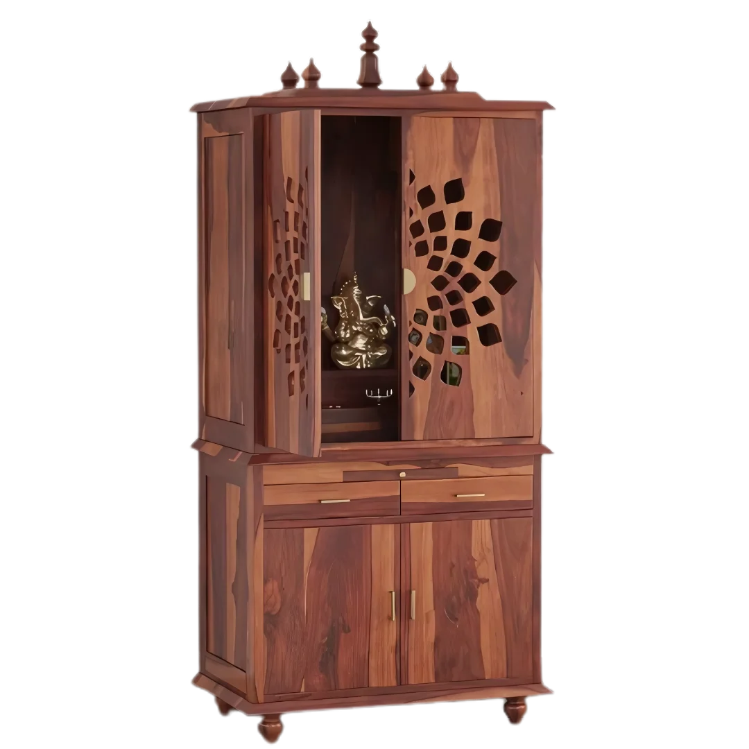 Shrayana Teak Wood Pooja Mandap with Door (Teak) side open door view