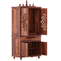 Shrayana Teak Wood Pooja Mandap with Door (Teak) side view open door and open drawers