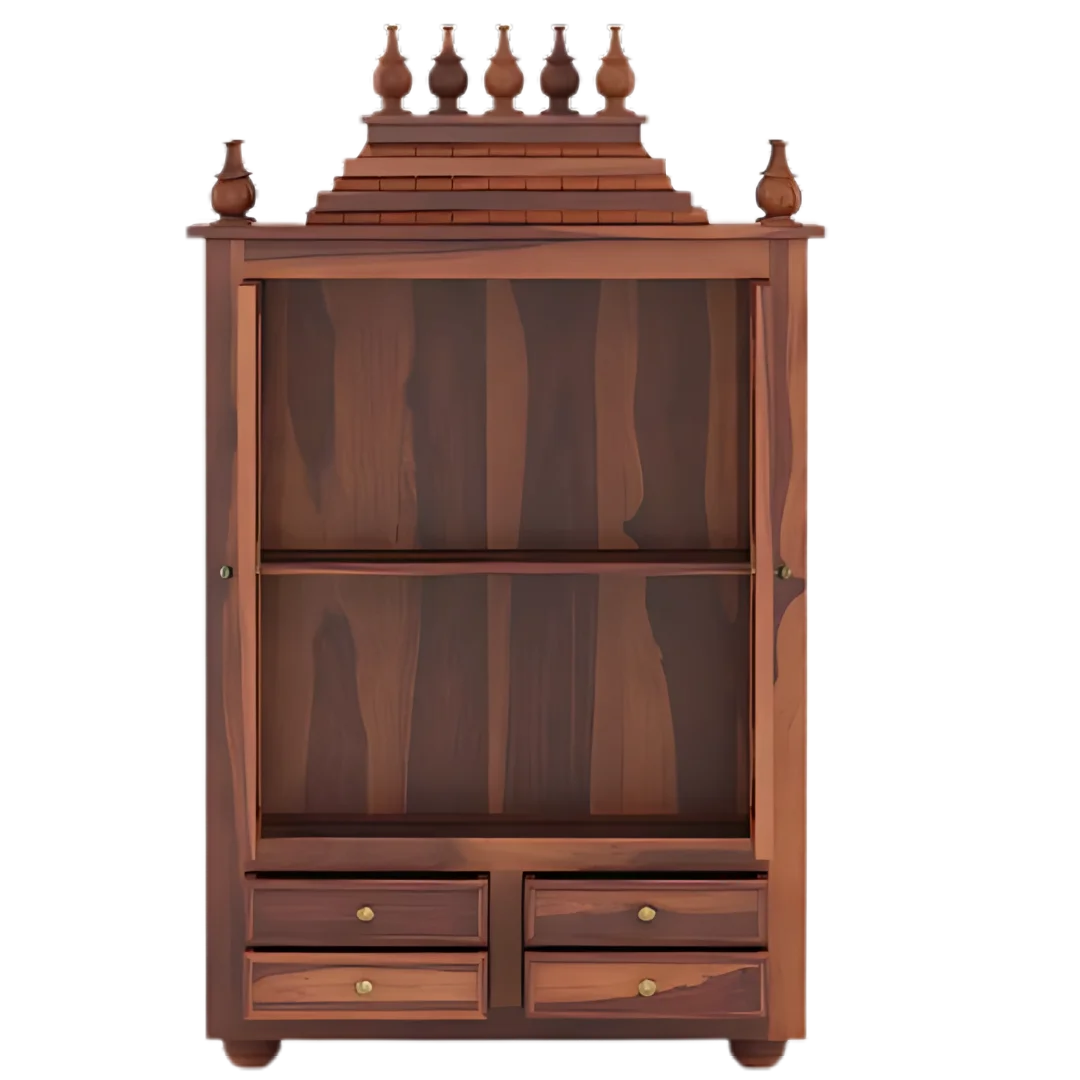 Shreom Teak Wood Pooja Mandap With Door (Teak) open door front view
