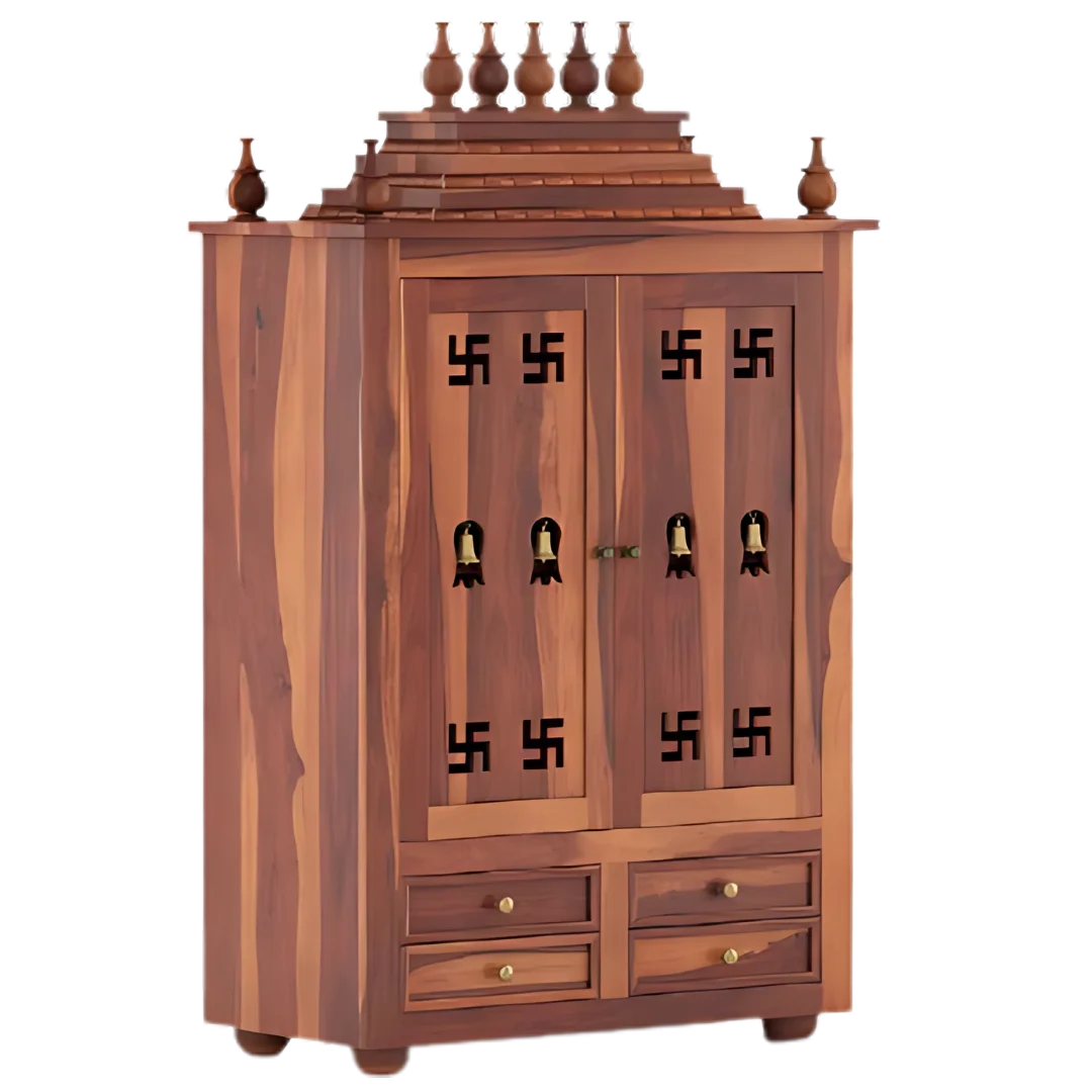 Shreom Teak Wood Pooja Mandap With Door (Teak) open door side angle