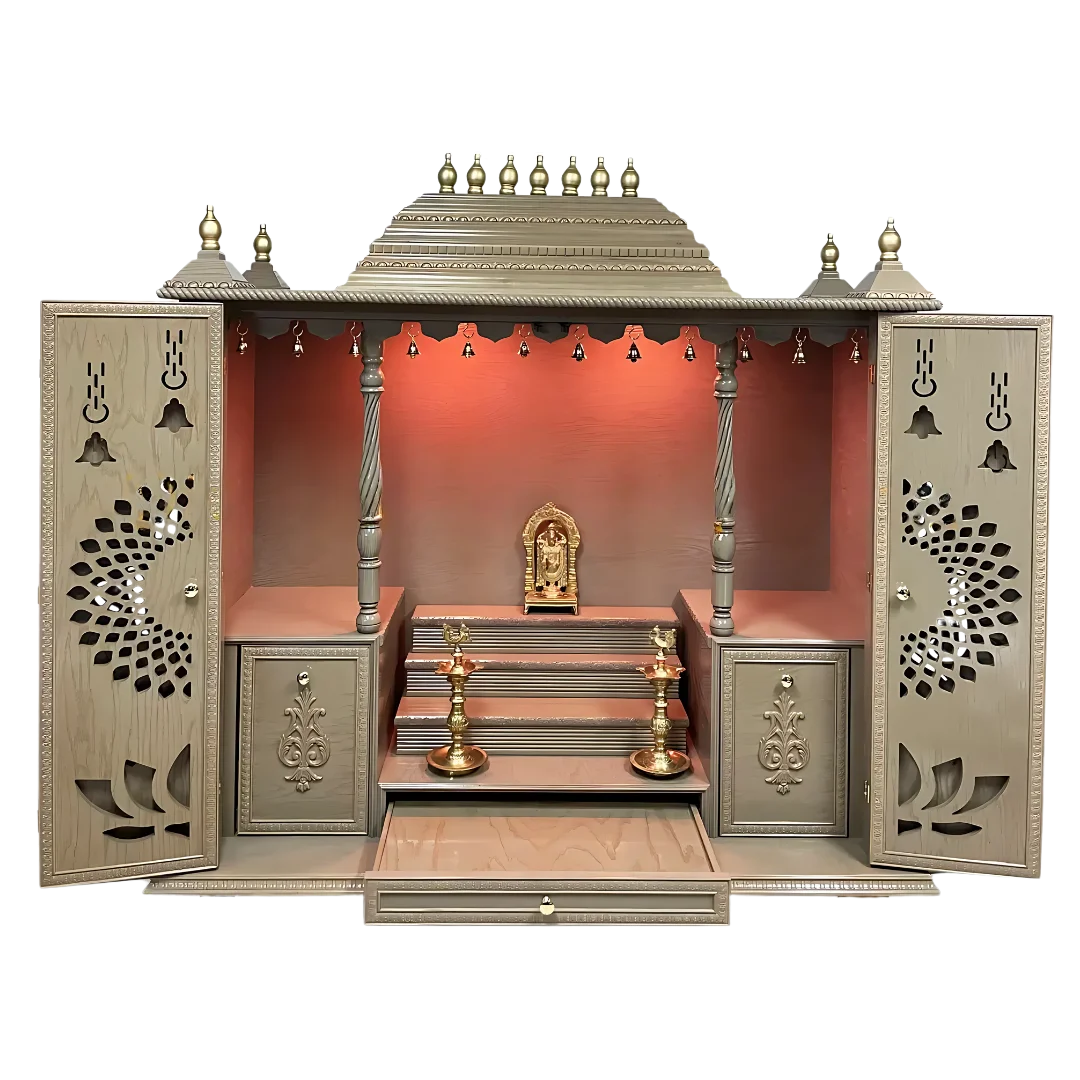 Shriyantra Teak Wood Mandir (Cream) open door view