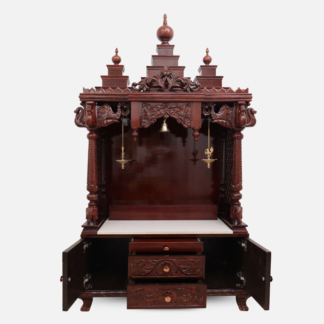 Shubhalaya Teak Wood Mandir (Brown) open door front view