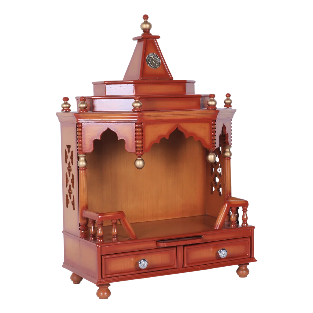 Side Angle of Brahma Shray Teak Wood Floor Rested Pooja Mandir (Teak Gold)