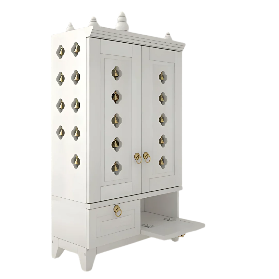 Eshvara Teak Wood Pooja Mandap with Door(White) Side Angle