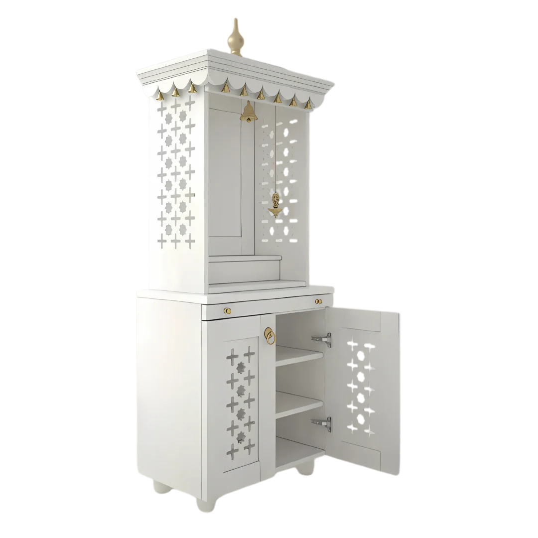 Side View Image of Rudralaya Teak Wood Pooja Mandap without Door (White)