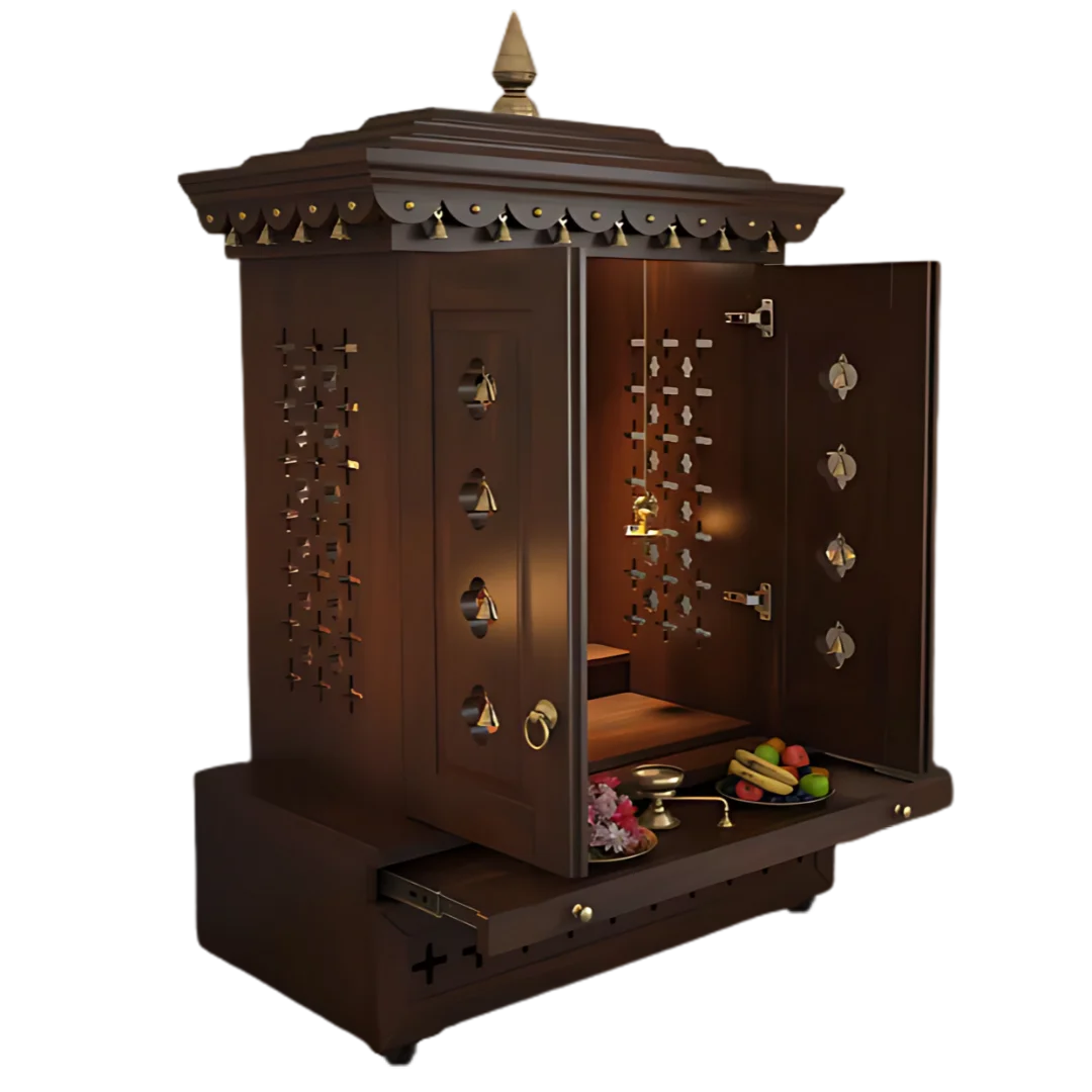 Side View Adhir Teak Wood Pooja Mandap with Opened Door (Wenge)