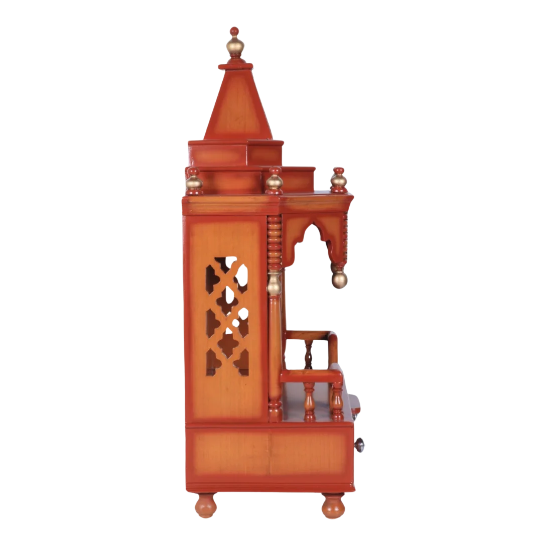 Side View of Brahma Shray Teak Wood Floor Rested Pooja Mandir (Teak Gold)