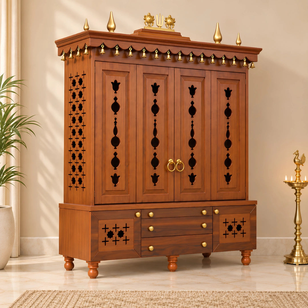 Divyasthal Teak Wood Pooja Mandap with Door (Teak) Side View