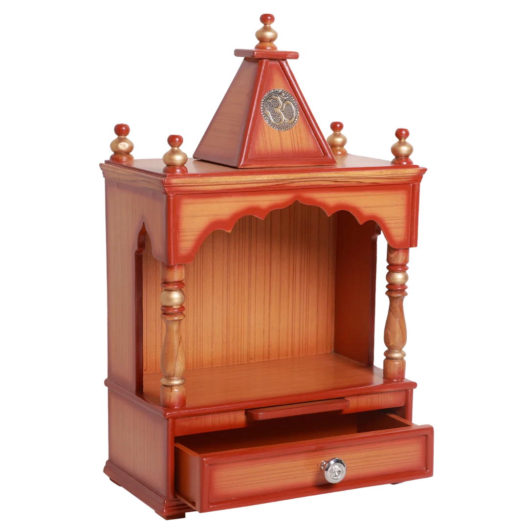 side view with open drawerof Alaya Wall Mount Pooja Mandir without Door (Teak Gold)