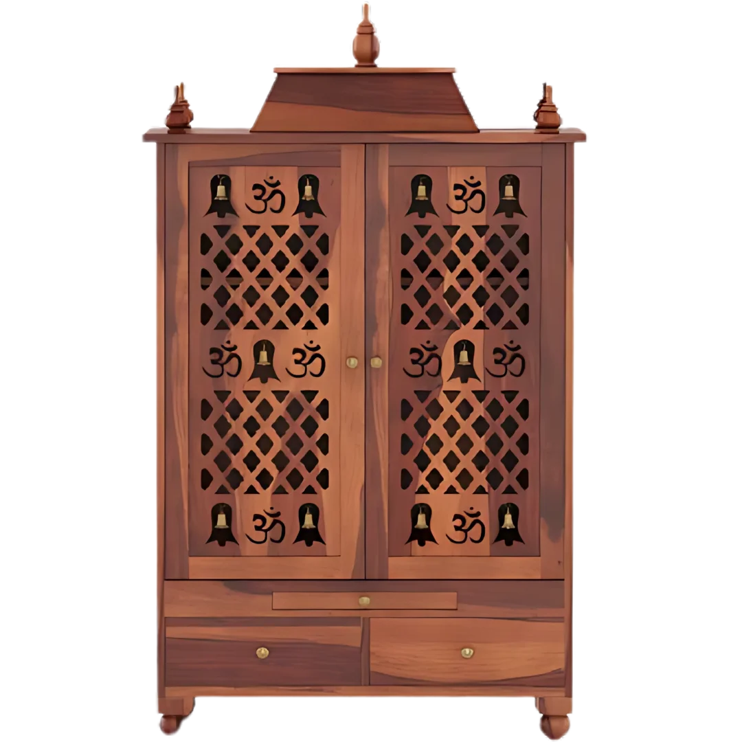 Somith Teak Wood Pooja Mandap with Door (Teak) Front View