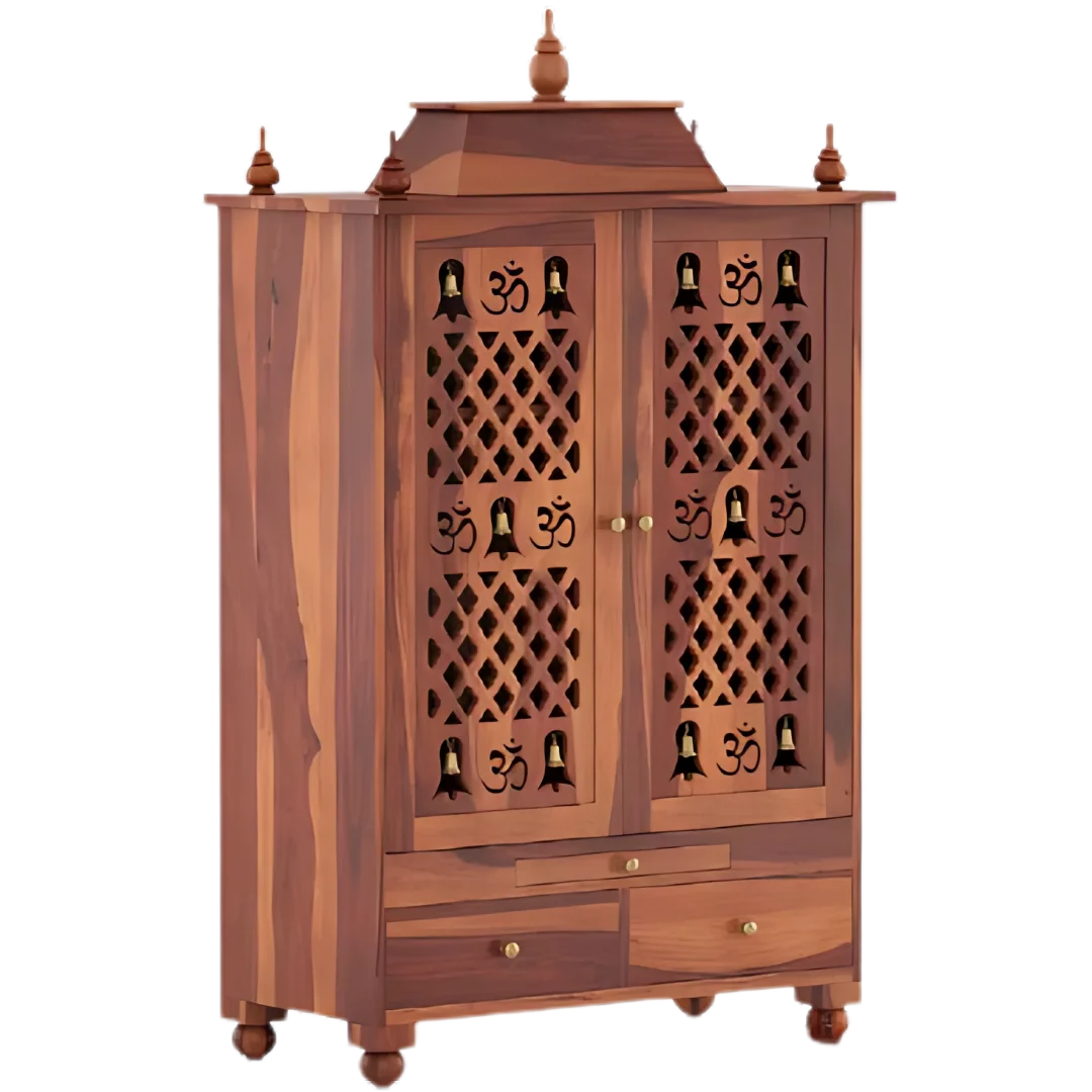 Somith Teak Wood Pooja Mandap with Door (Teak) side view