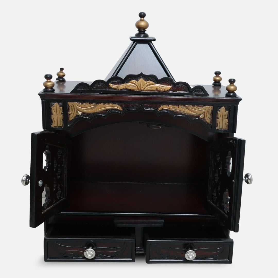 Sreshta Teak Wood Mandir (Brown Gold) open door front view