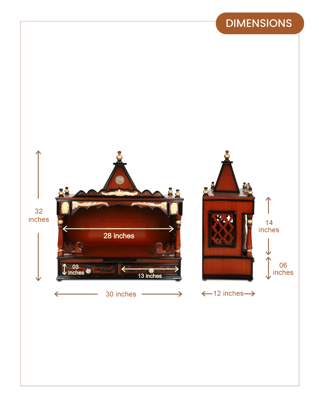 SukhatMan Large Wall Mount Pooja Mandir without Door (Brown Gold) dimensions